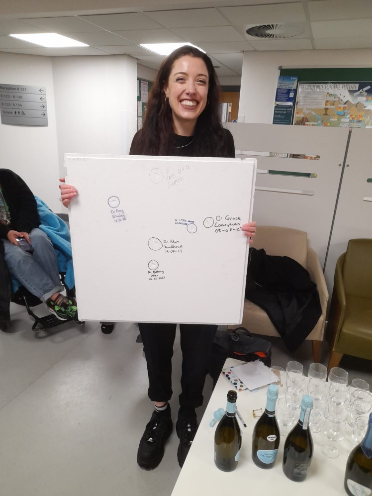 Kate Simpson celebrating her viva success